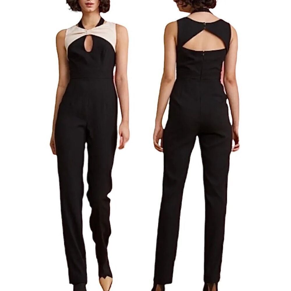 Anthropologie Foxiedox Cut Out Contrast Bow Halter Harlow Tuxedo Jumpsuit L NWT